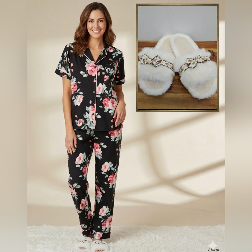 Loungewear Bundle! Soft Cozy Joyspun PJ Set Large AND Slippers Sz 6